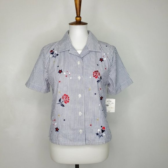 Koret Petite Embroidered Flowers & Stars Striped Top One Piece NEW Size SP - Picture 2 of 16